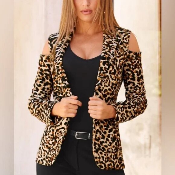 Boston Proper Beyond Travel Animal Print Cold Shoulder Blazer Size 12 - Picture 1 of 12
